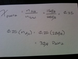 "X" represents the ratio of pasta served, and "n" represents the various measurements of pasta.